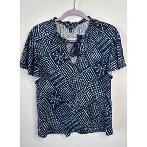 Ralph Lauren Women's Blue Geo-Print Jersey Tie-Neck Top L Peasant Cottagecore‎